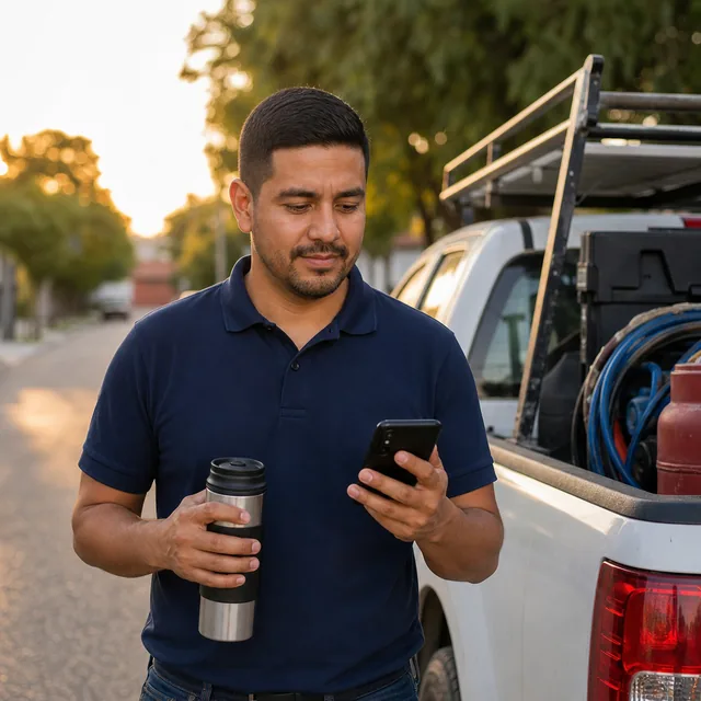El técnico de climatización arranca el día junto a su camioneta, café en mano, mirando su teléfono