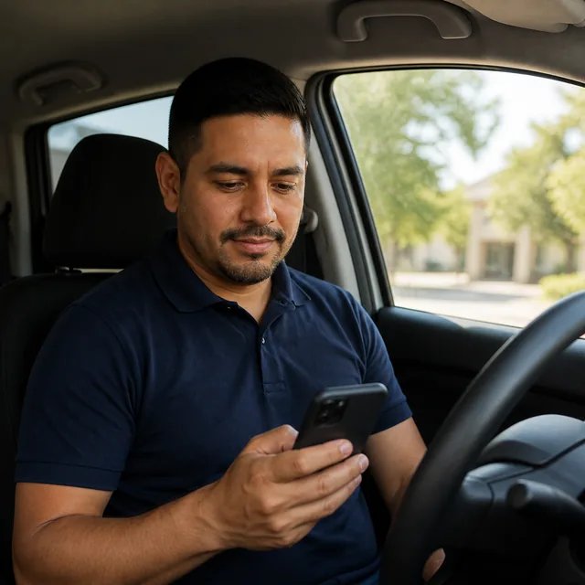 El técnico al volante revisa la ruta del día en su teléfono antes de arrancar