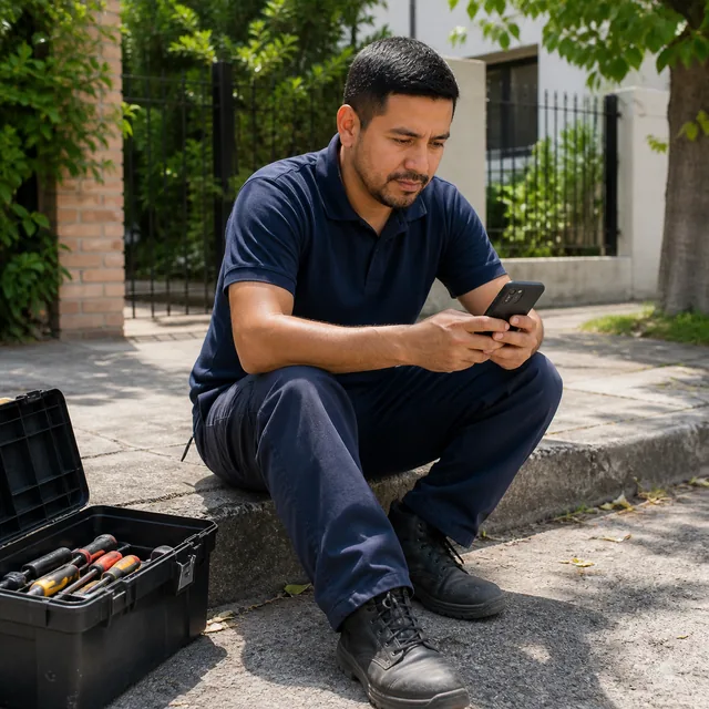 El técnico mira en su teléfono las fotos del equipo que le mandó un cliente
