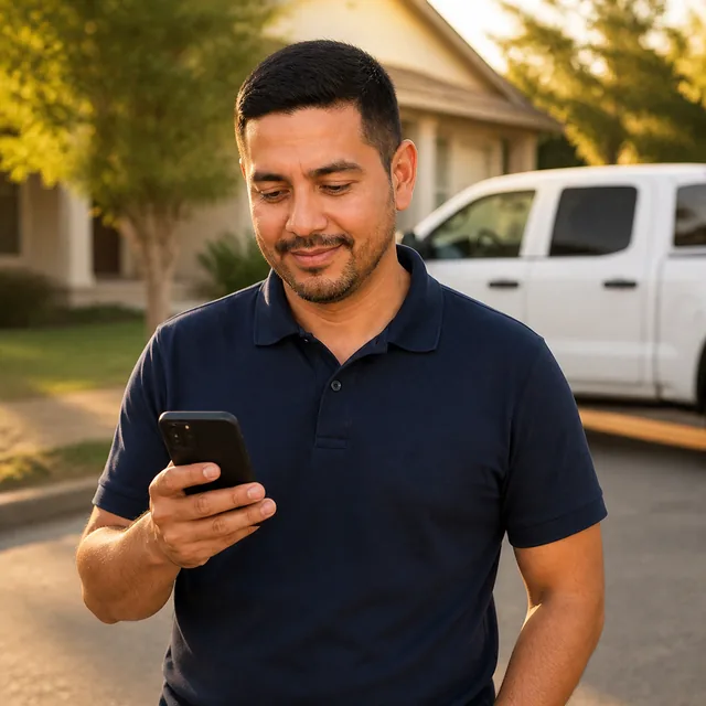 El técnico sonríe al ver una buena reseña de un cliente en su teléfono