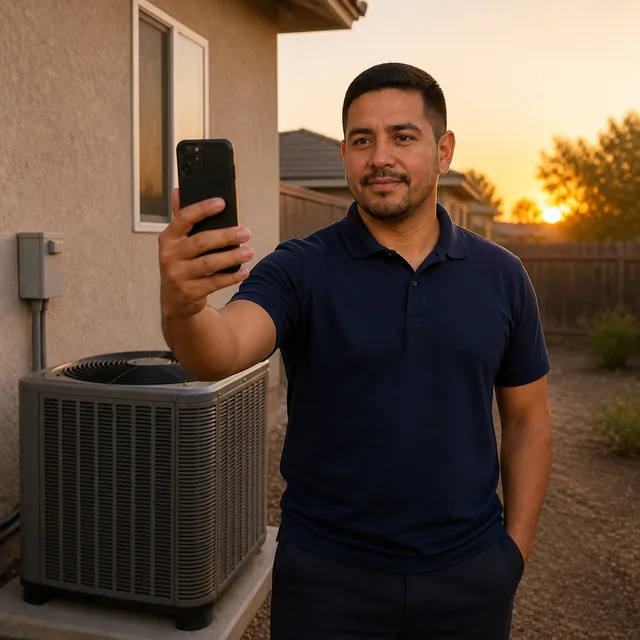 El técnico graba un reel de un trabajo terminado al atardecer con su teléfono